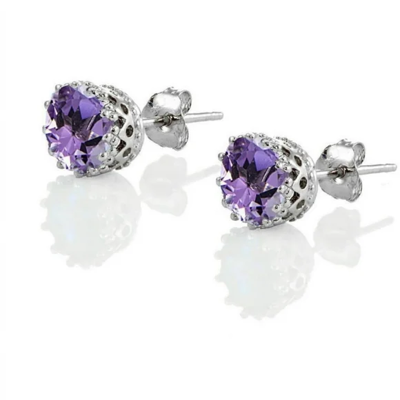 90s Amethyst 18k White Gold Crown Stud Earrings 5mm - Picture 2 of 3